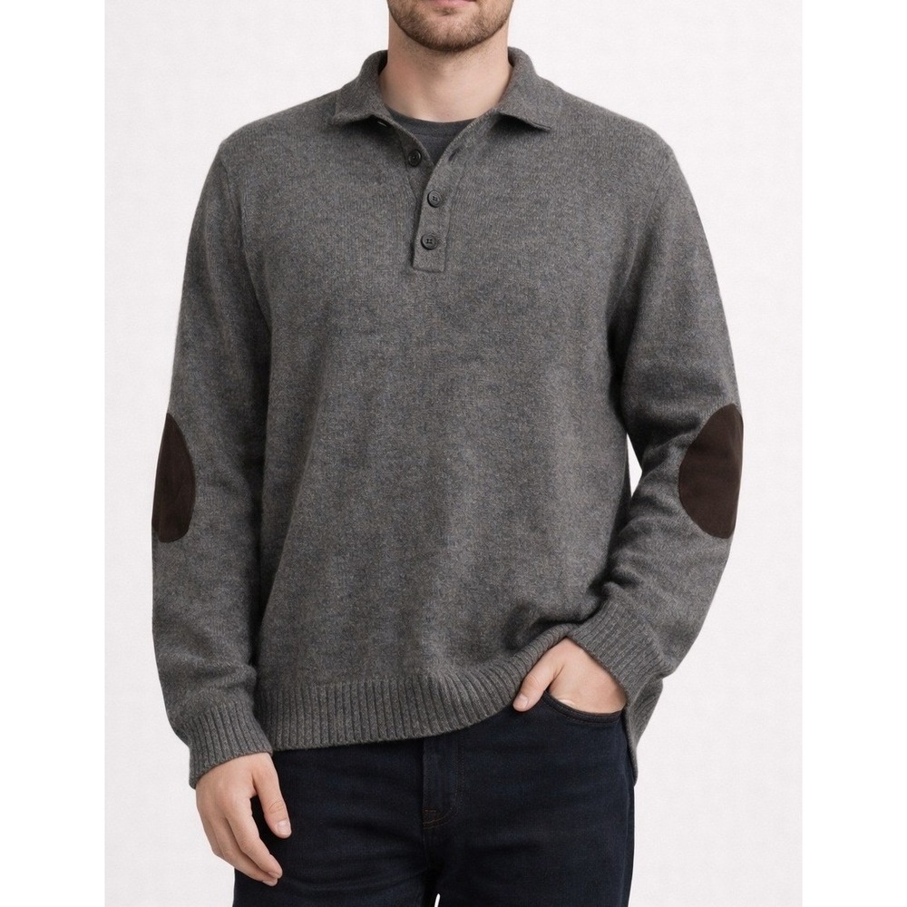 Merino‎ Wool Collared Polo Sweater Men XL Elbow Patch Academia Old Money Classic